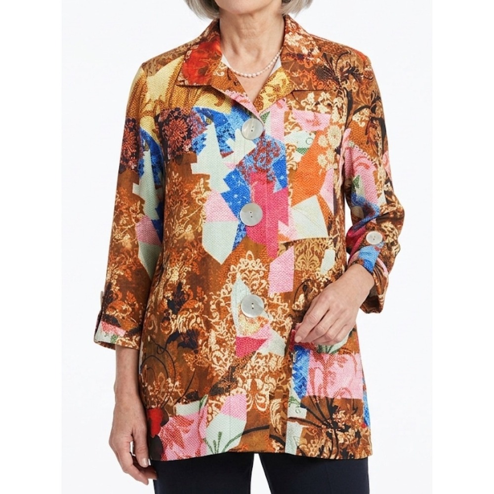 New ALI MILES Medium Artsy Patchwork Roll Tab Sleeve Lagenlook Button Up Top